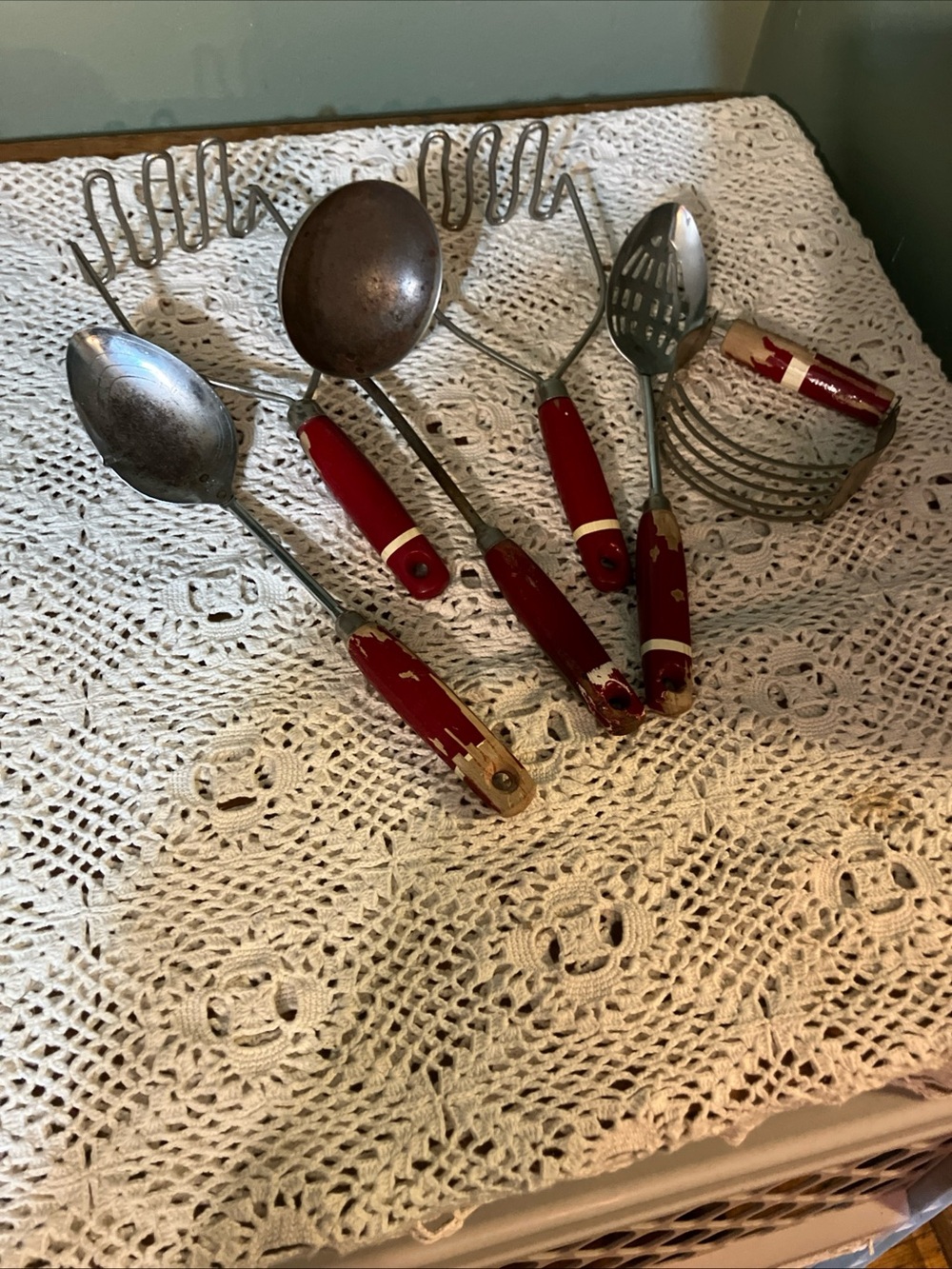Vintage Red Wooden Handled Kitchen Utensils Lot Of 6